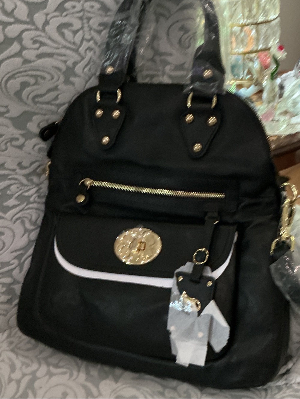 Emma Fox Black Satchel with Gold Hardware and White Trim